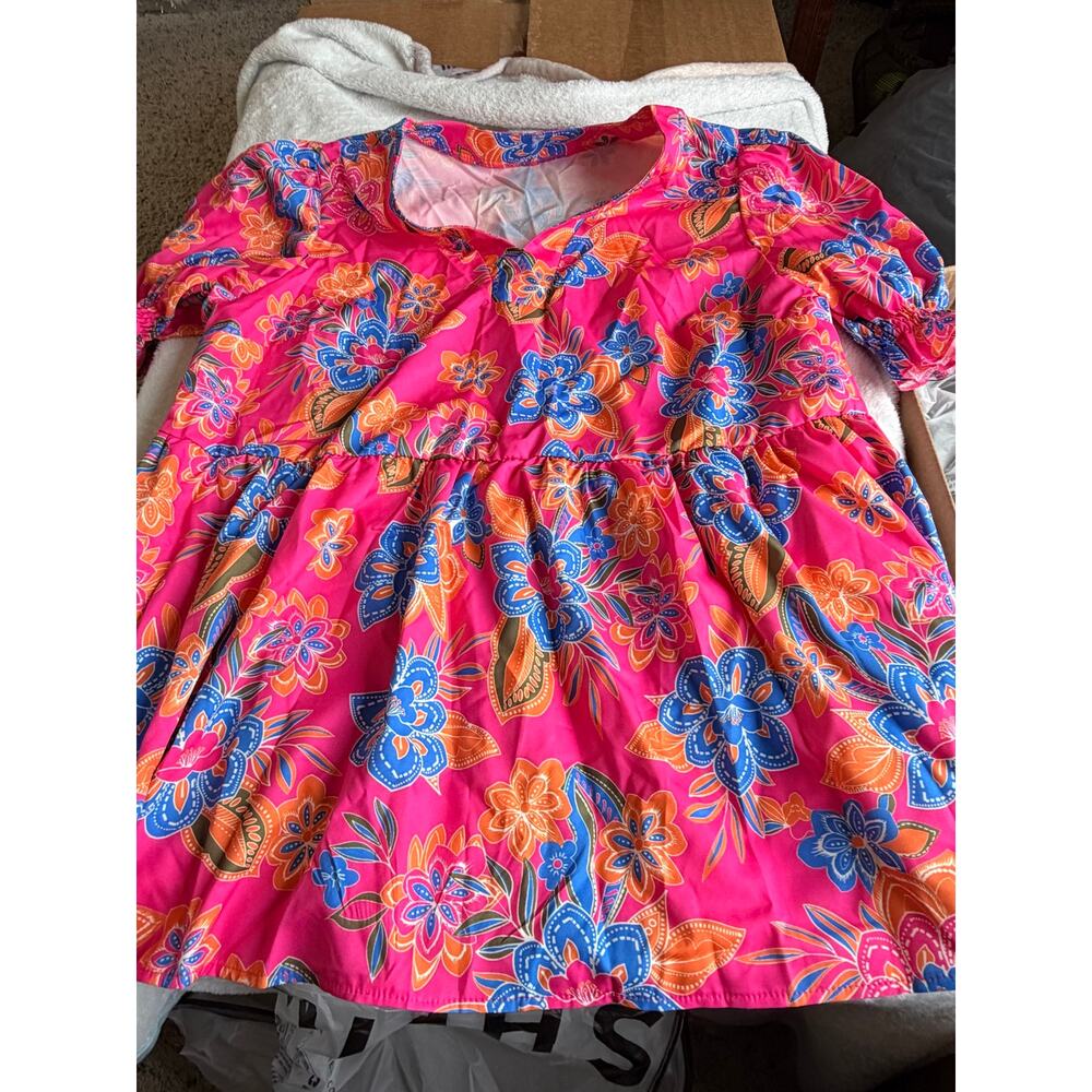 SHEIN Curve 0XL Hot Pink Tropical Floral Babydoll Blouse